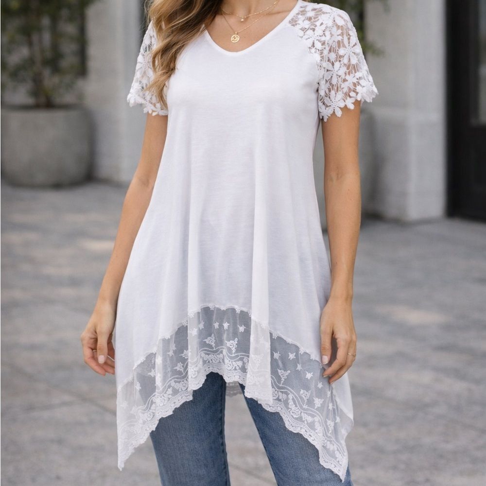 2/$30 White Floral Lace T-Shirt Tunic